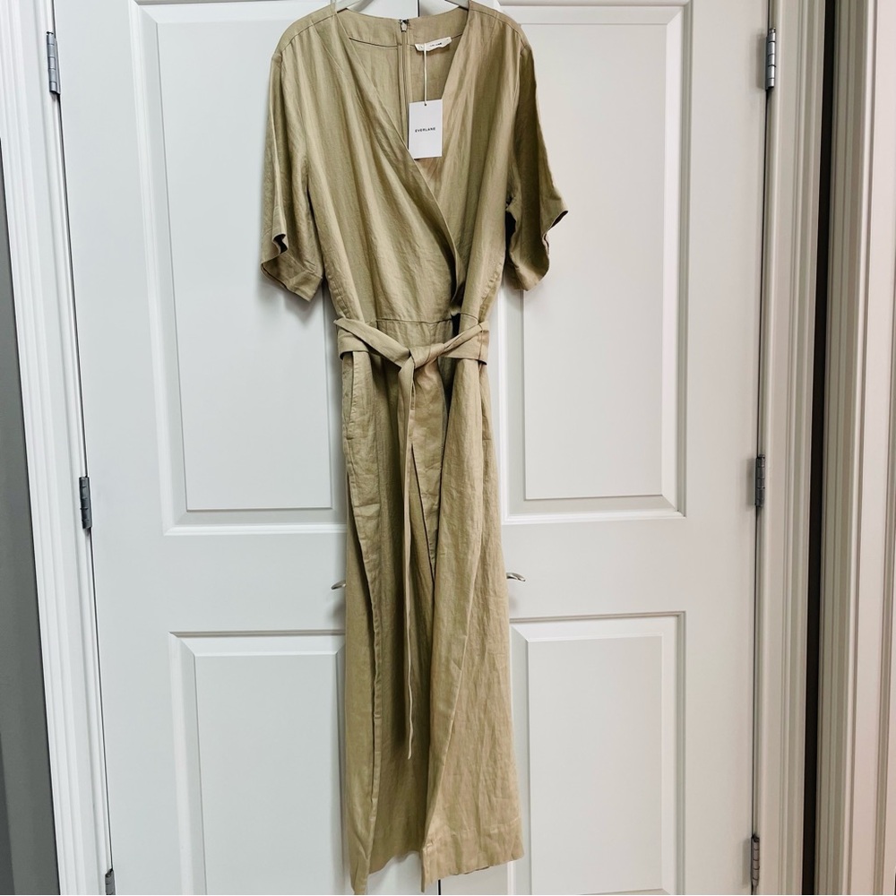 NWT Everlane European Flax Linen Wide Leg Wrap Khaki Tone Belted Jumpsuit Summer - Picture 2 of 13